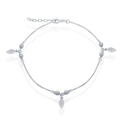 Sterling Silver Diamond Cut Beads with Leaf Charm Anklet