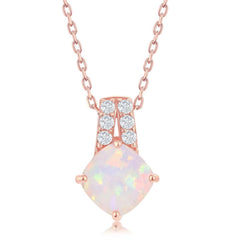 Sterling Silver Double Row CZ Four-Prong Diamond-Shaped White Opal Pendant - Rose Gold Plated