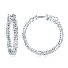 Sterling Silver Double Row CZ Hoop Earrings, 3 x 30 mm