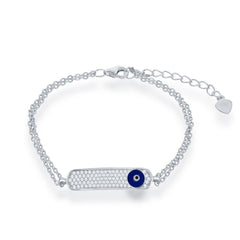 Sterling Silver Double Strand with Navy Evil Eye ID Bracelet, 6