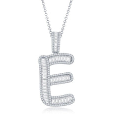 Sterling Silver E Initial Baguette CZ Pendant Chain