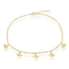 Sterling Silver Evil Eye Charms Paperclip Anklet - Gold Plated