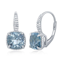 Sterling Silver Four-Prong Square Blue Topaz with Rope Design Border Earrings