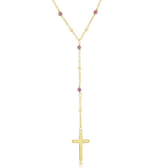 Sterling Silver Garnet & Plain Beads by the Yard Cross Rosary Necklace -Gold Plated