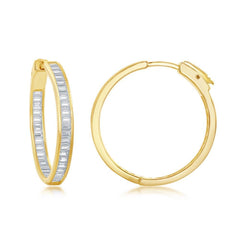 Sterling Silver Gold Plated Baguette CZ Earrings, 4 x 30 mm