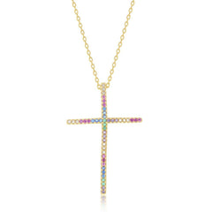 Sterling Silver Gold Plated Multi-Color CZ Cross Pendant