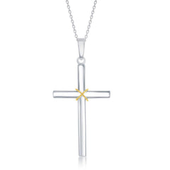Sterling Silver Gold Plated Rope Design Solid Cross Pendant