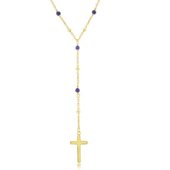 Sterling Silver GP Lapis and Plain Beads Cross Rosary Necklace