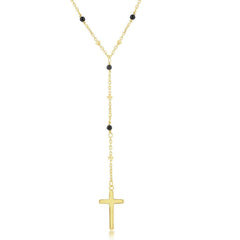 Sterling Silver GP Onyx and Plain Beads Cross Rosary Necklace