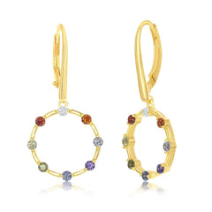 Sterling Silver GP Rainbow CZ Open Circle Dangle Earrings