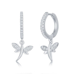 Sterling Silver Huggie Hoop CZ Dragonfly Earrings