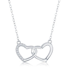 Sterling Silver Interlocking Half Cubic Zirconia Heart Necklace