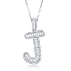 Sterling Silver J Initial Baguette CZ Pendant Chain