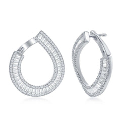 Sterling Silver J Shape Baguette CZ Border Earrings