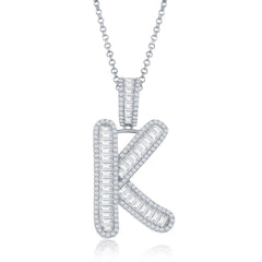 Sterling Silver K Initial Baguette CZ Pendant Chain