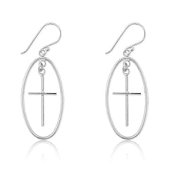 Sterling Silver Large Open Oval with Cross Earrings