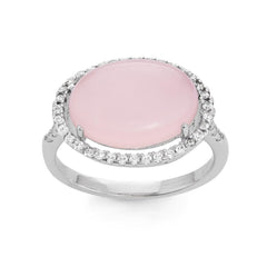 Sterling Silver Large Rose Quartz Oval with CZ Ring, Size 8