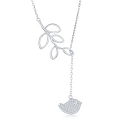 Sterling Silver Leaf with Hanging CZ Bird Lariat 'Y' Necklace