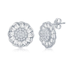Sterling Silver Micro Pave Center & Baguette CZ Border Flower Design Stud Earrings
