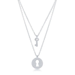 Sterling Silver Micro Pave Lock and Key Double Strand Necklace