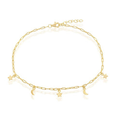 Sterling Silver Moon & Star Charms Paperclip Anklet - Gold Plated