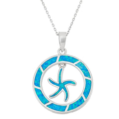Sterling Silver Open Blue Inlay Opal Circle with Center Starfish Pendant
