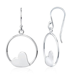 Sterling Silver Open Circle with Flat Center Heart Earrings