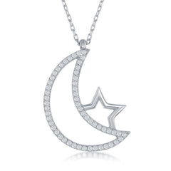 Sterling Silver Open CZ Crescent Moon and Star Necklace