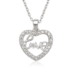 Sterling Silver Open CZ Heart with Love Center Necklace