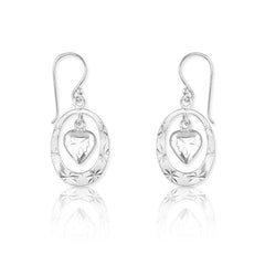 Sterling Silver Open Oval with Center Dangling Heart Earrings
