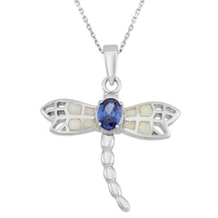 Sterling Silver Oval Blue CZ Dragonfly Pendant