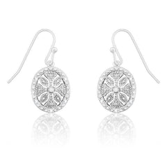 Sterling Silver Oval Disc Flower Diamond Earrings
