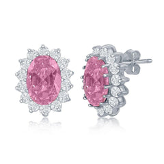 Sterling Silver Oval Pink CZ Clear Stud Earrings
