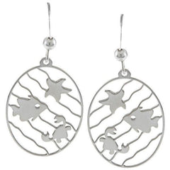 Sterling Silver Oval with Wavy Lines Sea Life Earrings
