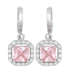 Sterling Silver Pink CZ Micro Pave Square Earrings