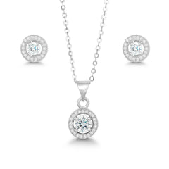 Sterling Silver Prong Round Clear CZ Pendant and Earrings Set