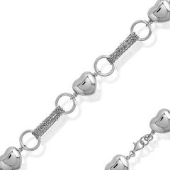 Sterling Silver Puffed Hearts, Open Circles and Chains Bracelet