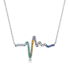 Sterling Silver Rainbow Cubic Zirconia Heartbeat Necklace