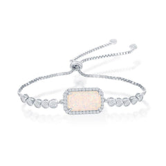 Sterling Silver Rectangle White Opal with CZ Border Bezel-Set CZ Adjustable Bolo Bracelet