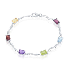 Sterling Silver Rectangular Multi Colored Gemstone Bracelet, 7