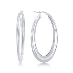 Sterling Silver Rhodium Plated Bottom Flat Oval Hoop Earrings