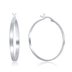 Sterling Silver Rhodium Plated Flat Hoop Earrings, 4 x 40 mm