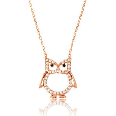 Sterling Silver Rose Gold CZ Open Owl Necklace
