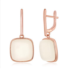 Sterling Silver Rose Gold Natural White Moon Stone Square Earrings