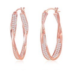 Sterling Silver Rose Gold Plated Micro Pave Twisted Oval Earrings