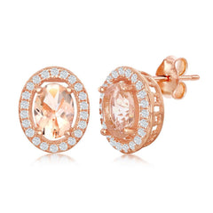 Sterling Silver Rose Gold Plated Oval Morganite CZ Stud Earrings