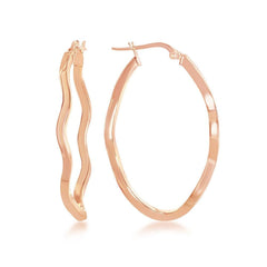 Sterling Silver Rose Gold Plated Wavy Designed Oval Hoop Earrings