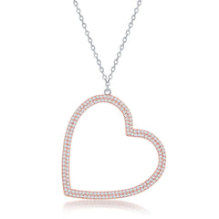Sterling Silver Rose GP Large Micro Pave Open Heart Necklace