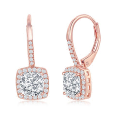 Sterling Silver Rose GP Princess Cut CZ Dangling Earrings