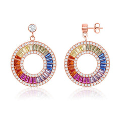 Sterling Silver Rose GP Rainbow Baguette CZ Open Circle Earrings